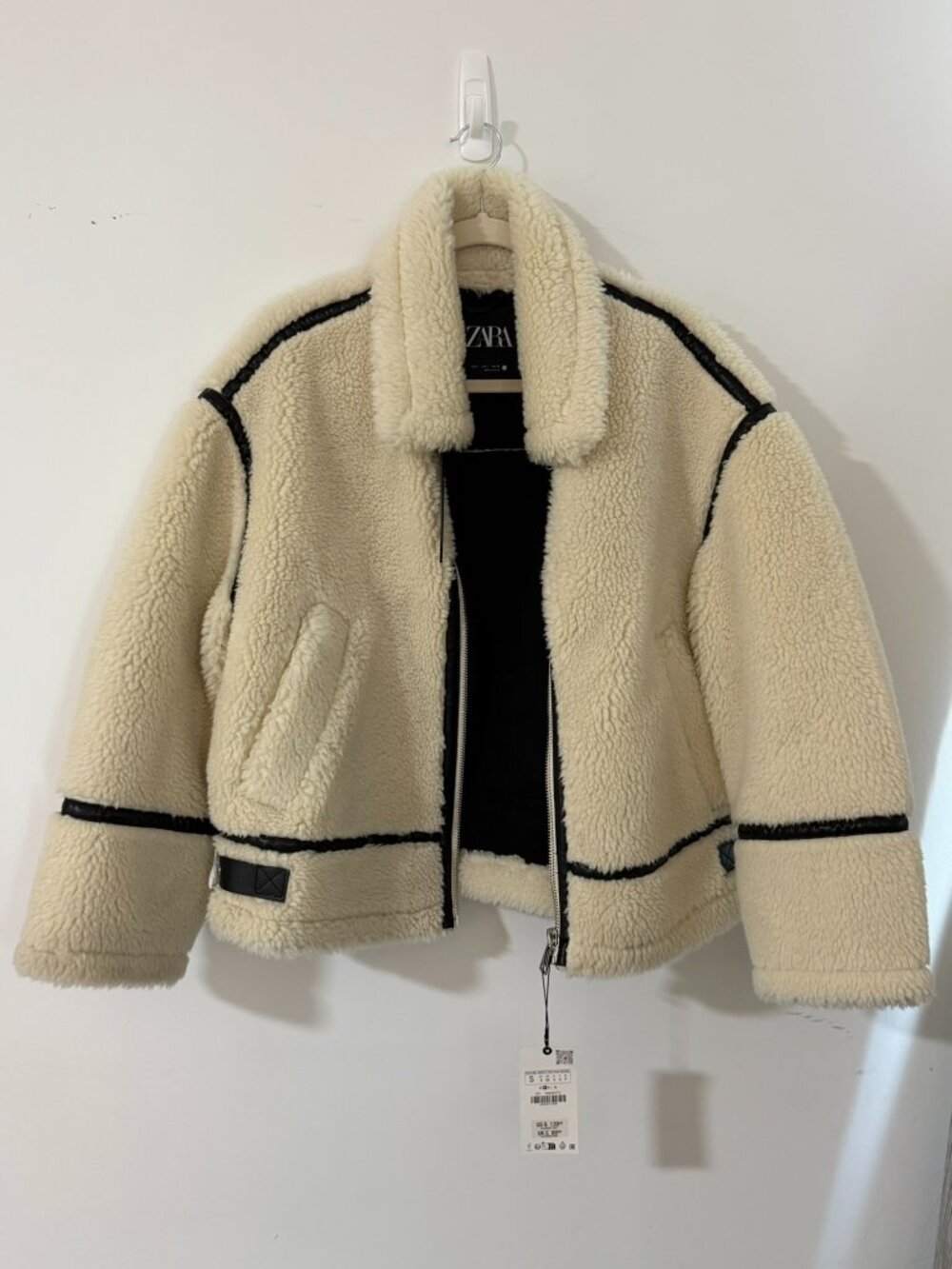 NWT Zara Faux Shearling Teddy Jacket Cream Black Trim Size Small